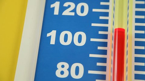 Close up of a Fahrenheit thermometer showing a rapid fall in temperature in the range of 120 to 80 degrees.