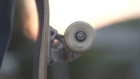 Slow Motion Close-Up Of Skateboard Wheels Rotating In The Sunlight