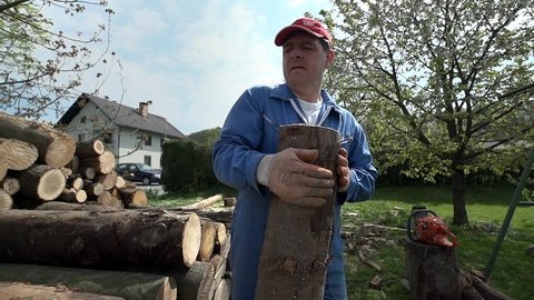 Woodworker throwing log on pile in slow motion. Tracking man in blue collar working clothes stocking pile of wood for winter in slow motion.