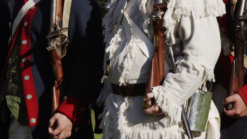 DANBURY, CT/USA - NOV 2, 2013: Revolutionary War reenactment. Close up pan of Continental soldiers