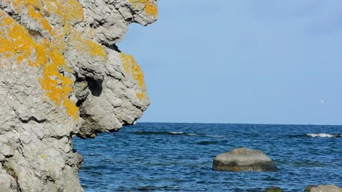 Eroded limestone stack with ocean in the background