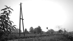 LOENEN, THE NETHERLANDS, SEPTEMBER 6 2014: Old steam locomotive pulling railroad cars in the countryside. Black and white footage clip.