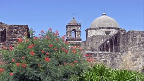 Video of Mission San Jose in San Antonio Texas. Outside walls. Built by Spanish missionaries and Indians in 1720. Stone walls and garden. Don Despain of Rekindle Photo