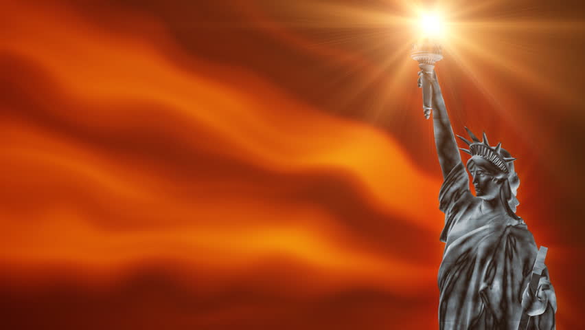 Statue of Liberty with fire background waving, loop