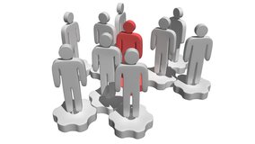 Group of stylized white people stand on gears with red team leader white. Teamwork, business concept. Animation video clip with alpha matte