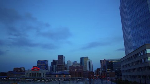 (1188) Downtown City Sunset Buildings Skyline Train Station Travel, HDR video! Stock Video