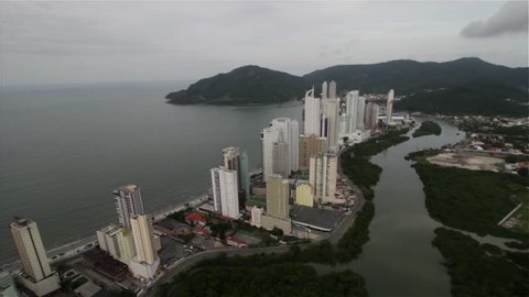 Aerial view of Balneario Camboriu city, buildings, sea, Brazil