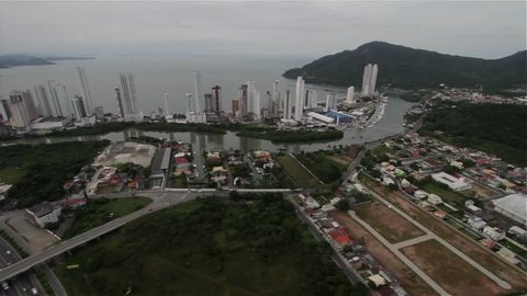 Aerial view of Balneario Camboriu city, buildings, sea, Brazil