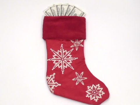 Christmas stocking stuffed with cash stop motion V4 - NTSC