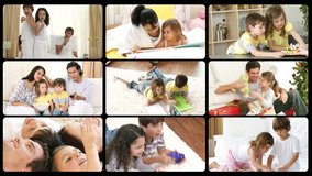 Montage of happy families playing at home in high definition 
