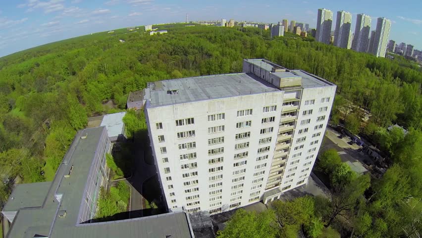 Dorm and medical education center at spring sunny day. Aerial view