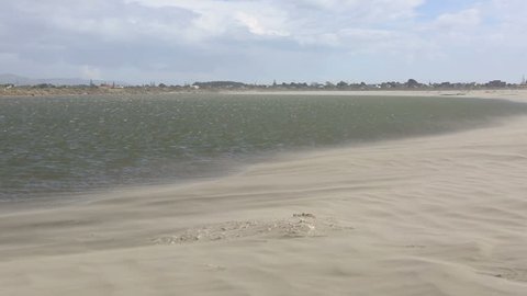 Wind swept sand storm on Waikanae river mouth and beach