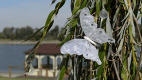 The wedding decoration with white butterfly which moves from the wind