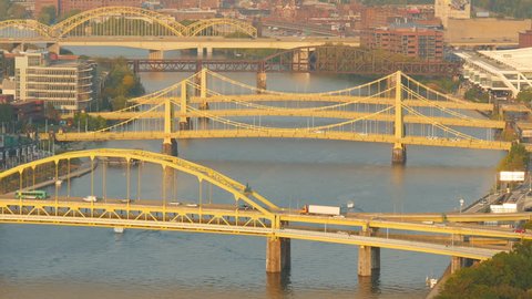 Traffic crosses the Allegheny River bridges between the north shore and downtown Pittsburgh, Pennsylvania.
