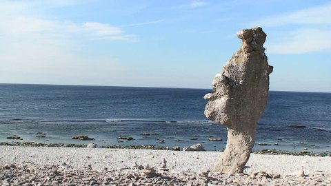 Eroded limestone stacks along the coast on the island of Fårö in Sweden
