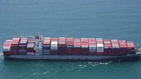 LOS ANGELES JULY 2014 - Aerial of container ship at sea near Los Angeles shipping Port. There are currently over 17 million shipping containers in the world. LOS ANGELES, USA 1 JULY 2014 EDITORIAL