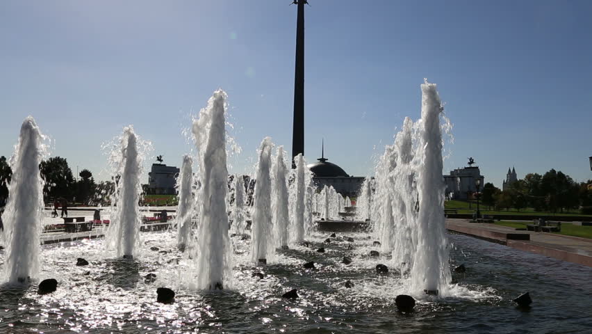 Fountain in the Victory Park on Poklonnaya Hill, Moscow, Russia. The memorial complex constructed in memory of those who died during the Great Patriotic war