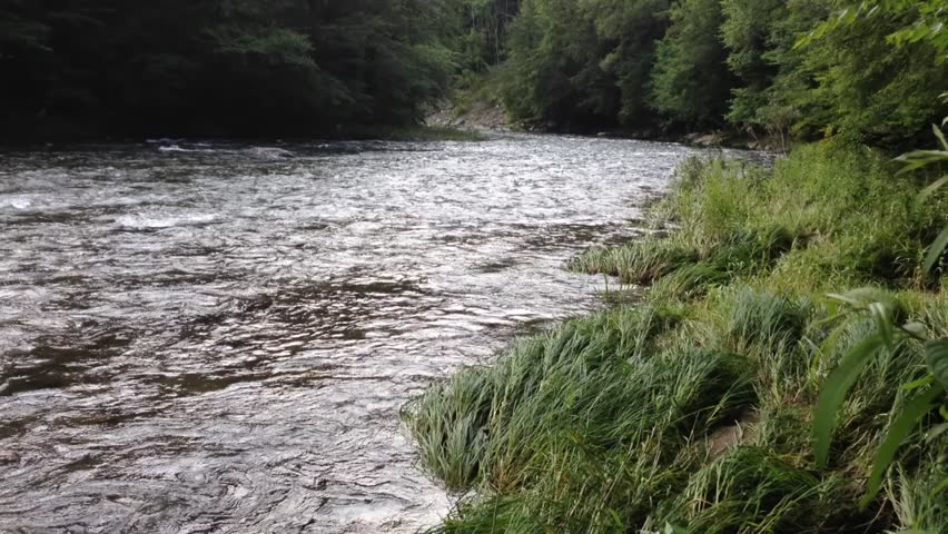 Flowing Water In Shallow River Over upstream