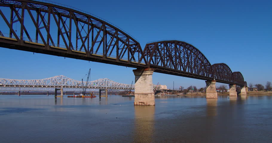 Bridges span the Ohio River near Louisville, Kentucky.