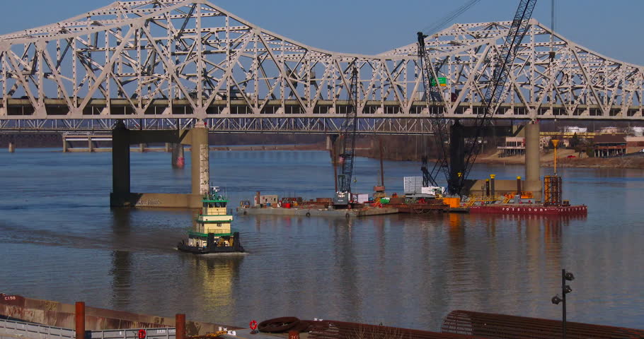 Bridges span the Ohio River near Louisville, Kentucky.