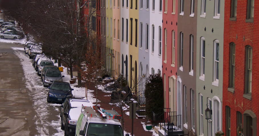 Rowhouses line the streets of Baltimore, Maryland.