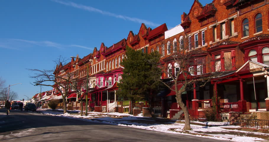 Rowhouses line the streets of Baltimore, Maryland.