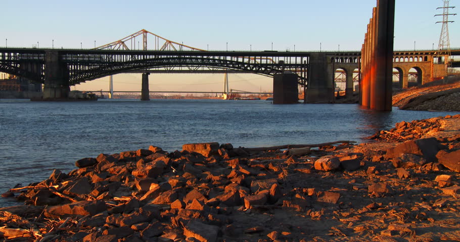 Golden light on a bridge over the Mississippi River near St. Louis.
