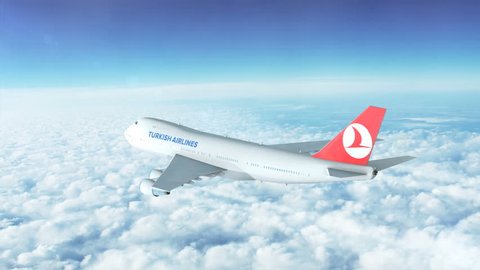 Editorial animation: In-flight view of Boeing 747 plane high above the skies. 7 clips in one. pack. All major airlines: Turkish Airlines, Emirates, Qantas, Virgin, Lufthansa, British Airways.