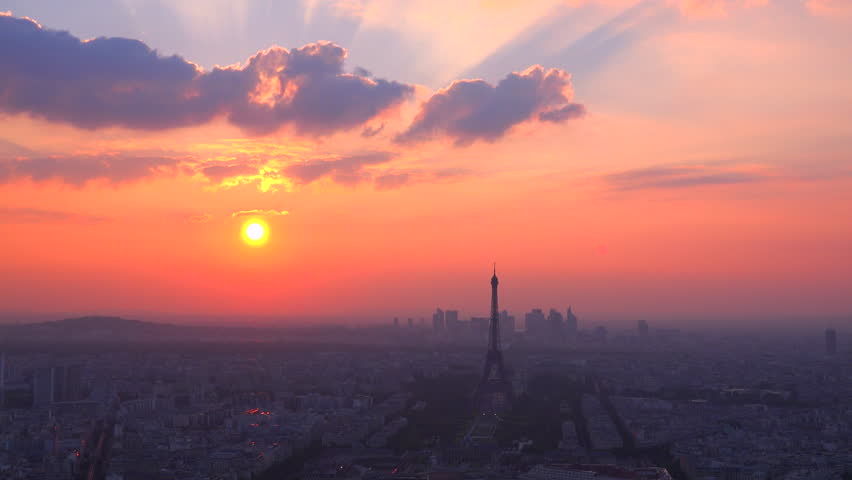 Gorgeous high angle view of the Eiffel Tower and Paris at sunset.