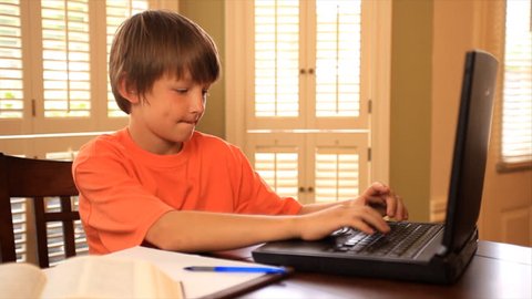 A boy using a laptop to work on his homework, stops and smiles at the camera.