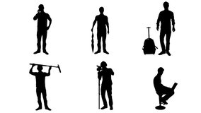 Action men silhouette mix - 1080p
Different silhouettes. smartphone guy , cameramen, traveler, business man, dancer and sound engineer silhouettes - 1080p