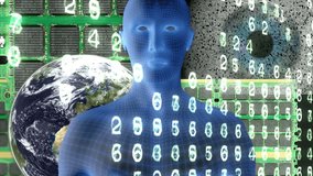 Wireframe man, computer chips and Earth with binary code and numbers.
Montage of a computer drawn man, circuit boards, earth and a big eye overlaid with binary code and glowing numbers. Loops.
 - Powered by Shutterstock - Get 15% off with code: PIKWIZARD15