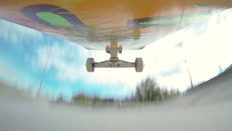 CAMERA UNDER THE SKATEBOARD: Skateboarding in a skate park