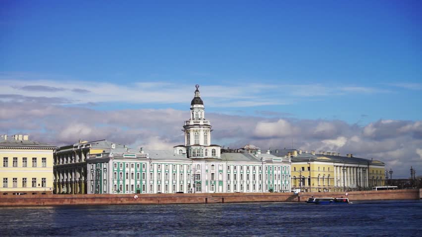 Neva river waterscape with Kunstkamera museum at Universitetskaya embankment, St. Petersburg, Russia