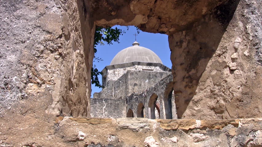 Video of Mission San Jose in San Antonio Texas. Spanish Catholic cathedral built in 1720. Part of National Park System NPS. Through stone window
