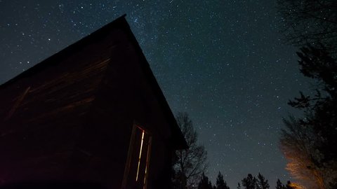 Night Sky Time Lapse With Old Wood Cabin