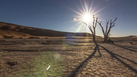 sunset time lapse sun going down behind a dead tree wide desert arid landscape at sossusvlei dead vlei namib desert namibia global warming 4k