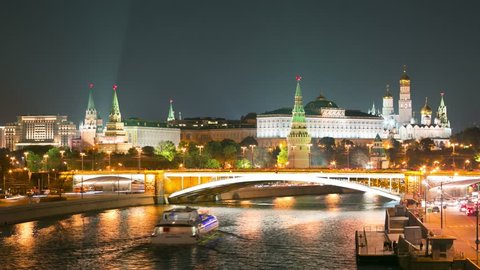 4k timelapse of Moscow Kremlin embankment at night.
