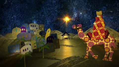 Silent Night. Christmas nativity animation. The last 10 seconds are a loop. Mixed media collage style, using fabric, photography and paint. In 4K Ultra HD, HD 1080p and smaller sizes.