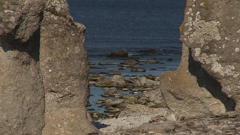 Eroded limestone stacks along the coast on the island of Fårö in Sweden