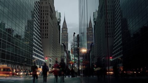 Chrysler Building Timelapse from Day to Night with People and Traffic in Midtown Manhattan New York City, NYC, USA