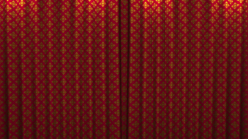 red and gold pattern Curtain move slightly and open then spotlight open ,alpha channel include for opening scene 