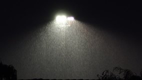Stadium floodlights at night during a heavy rain shower. These clips can be added as a animated background onto a video by CGI or by putting it on a top layer and choosing 