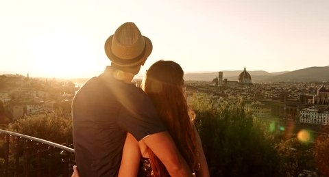 Romantic Couple Hugging Tourists Vacation Europe Sunset