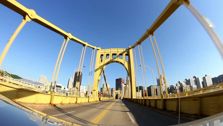 Traveling over a bridge in Pittsburgh, PA.  Fisheye lens.
