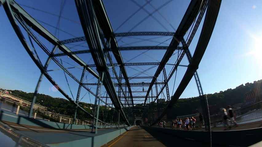 Traveling over the Smithfield Street Bridge in Pittsburgh, PA.  Fisheye lens.