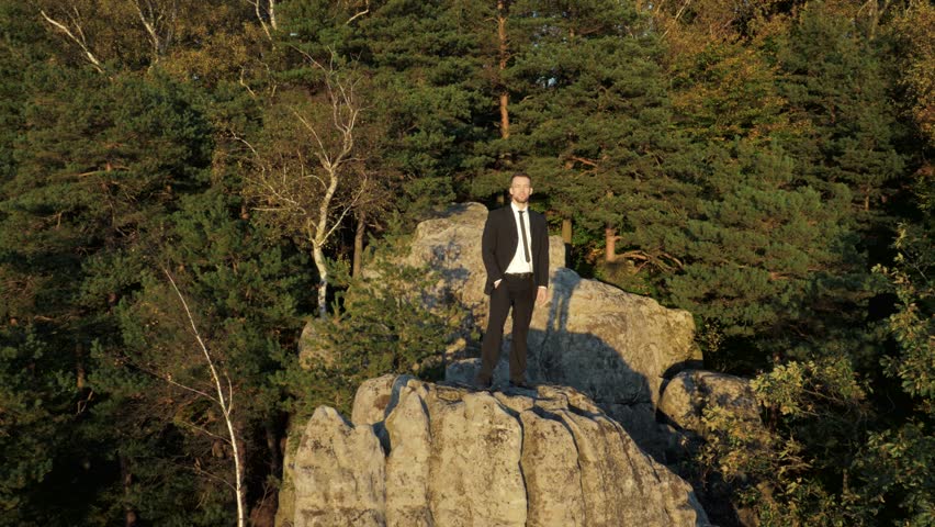 Young businessman on a rock