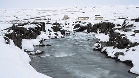 Time lapse, Godafoss waterfall in Winter, Iceland
