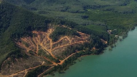 Aerial view of deforestation results of jungle rain forest disappearing due to tree cut for agricultural purpose in Thailand 