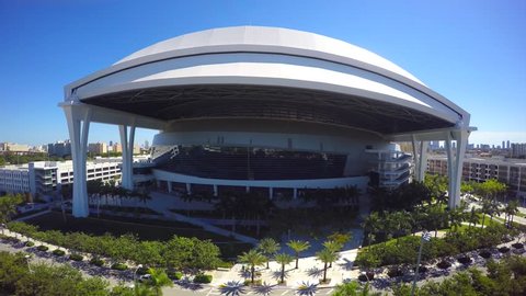 MIAMI - OCTOBER 17: Aerial 4k video of the Marlins Stadium in Miami FL. Marlins Stadium is home to the Florida Marlins Baseball team October 17, 2014 in Miami USA. 